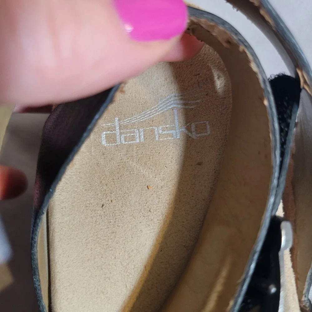 Dansko Lou Black Leather Double Buckle Strap Wedge Sandals Ankle Wrap 41 10.5-11